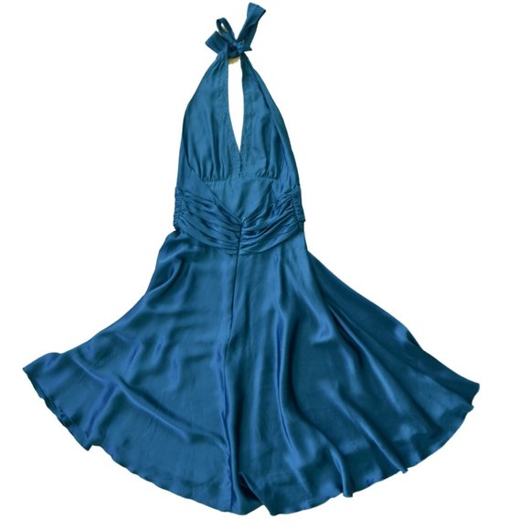 Teal Silk Halter Midi Dress Embellished Backless - Picture 8 of 10